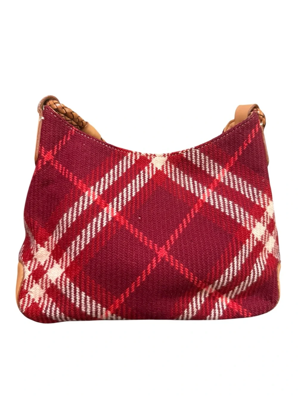 Vintage Burberry Red Plaid Wool Shoulder Bag Braided Leather Strap Nova Check - Picture 6 of 10